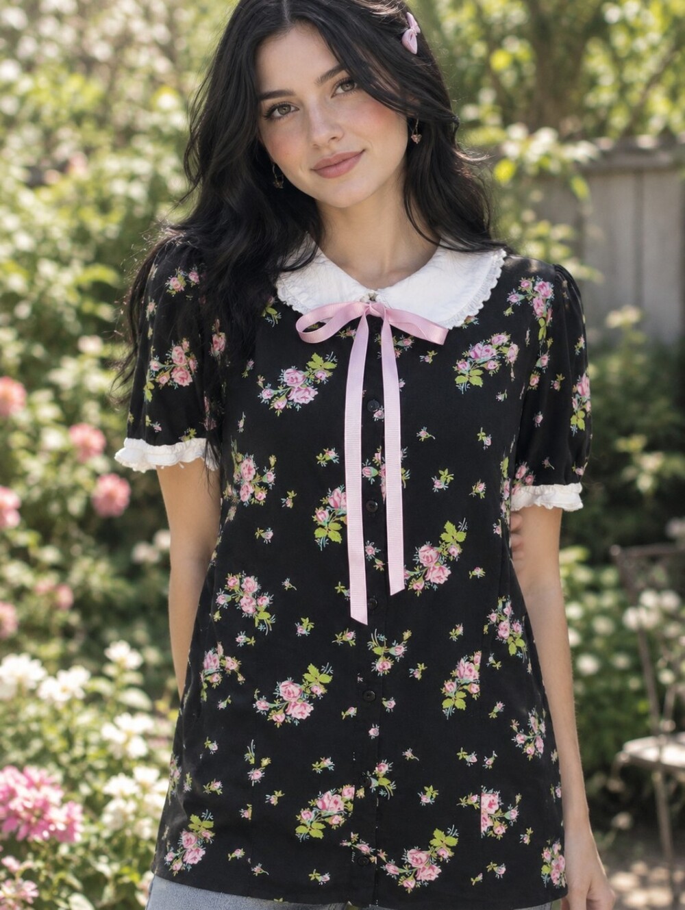 Hell Bunny Black Floral Blouse with White Scalloped Collar and Pink Ribbon Tie
